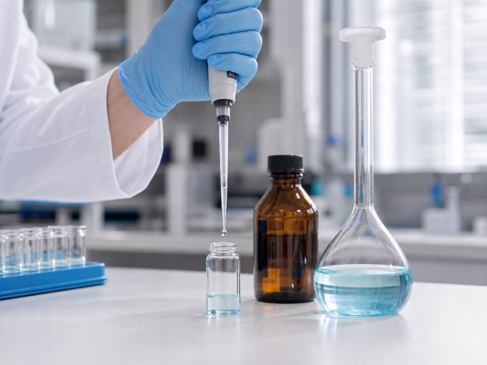 A scientist measures a small stock aliquot beside an amber bottle and volumetric flask