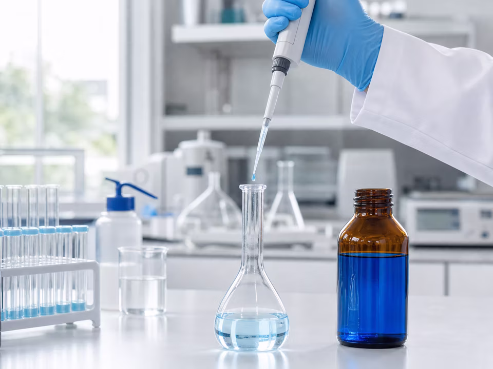 A micropipette transfers concentrated blue stock solution into a volumetric flask