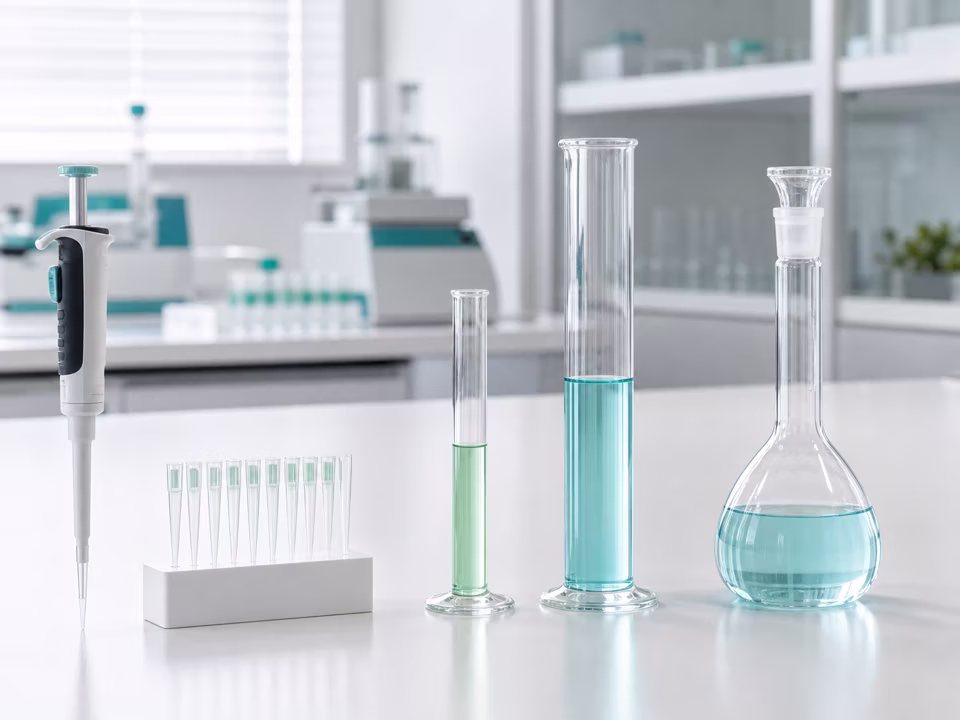 A micropipette, pipette tips, graduated cylinders, and volumetric glassware in different sizes